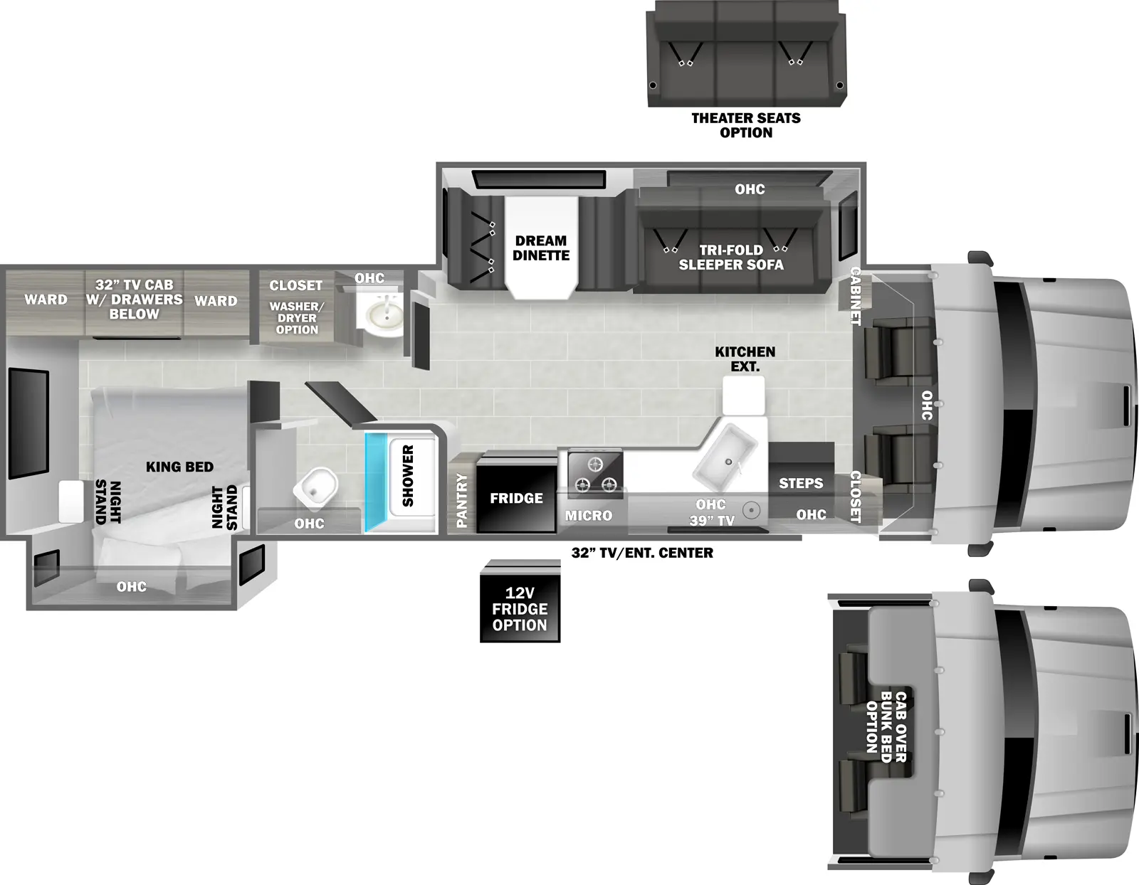 The 34KD has two slideouts and one entry. Exterior features include a TV/entertainment center. Interior layout front to back: cockpit with overhead cabinet (optional cab over bunk bed); off-door side cabinet, and slideout with tri-fold sleeper sofa (optional theater seating), overhead cabinet, and dream dinette; door side closet, entry, overhead cabinet, kitchen counter with extension, sink, TV, microwave, cooktop, refrigerator (optional 12V refrigerator), and pantry; pass through bathroom with toilet, shower and overhead cabinet on the door side and sink, overhead cabinet and closet with optional washer/dryer on the off-door side; rear bedroom with king bed, overhead cabinet and nightstands in a door side slideout, and wardrobes, drawers and TV cabinet with drawers below on off-door side.